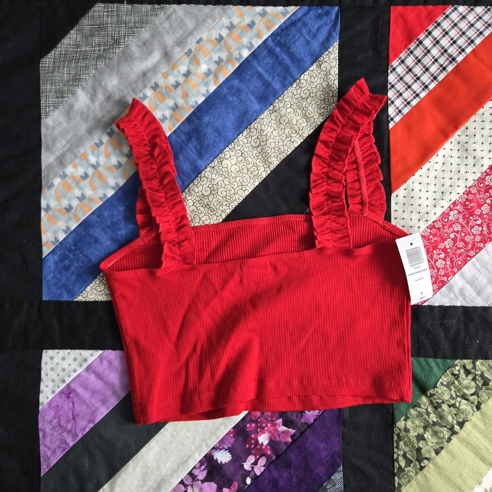 Aritzia Tank Top Cropped Ruffled Strap Ribbed True Red - Picture 4 of 4
